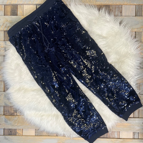 Like New! [ett:twa] Navy Blue Velvet X Sequin {Anthro} Stretch Jogger Pants | XL - Picture 4 of 14